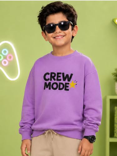 Image of KiddoPanti Boys Solid Round Neck Full Sleeve Fleece Sweatshirt | 60% Cotton 40% Polyester | Soft Warm Winter Pullover | Ribbed Cuffs & Hem | Casual Winter Sweatshirt for Kids