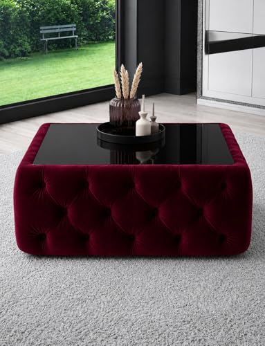 Image of Premium Tufted Upholstered Coffee Table with Mica Top - Modern Square Ottoman Center Table, Soft Velvet Finish, Luxury Living Room Furniture - 30 x 30 x 18 Inch (Maroon)