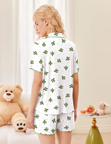 Image of Ekouaer Button Up Pajamas Set for Women Short Sleeve Ribbed Knit Sleepwear 2 Piece Pjs Shorts Set