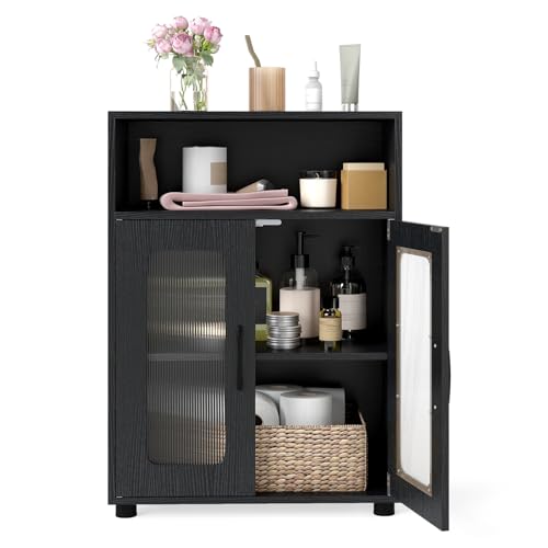 COSTWAY Badezimmerschrank, freistehender Badschrank mit 2 Türen & 3-stufig verstellbarem Regal, Aufbewahrungsschrank mit offenem Fach & erhöhten Beinen, für Wohnzimmer, Badezimmer, Küche (Schwarz)