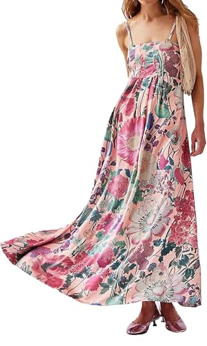 Image of Women Floral Maxi Dress Spaghetti Straps V Neck Lace Patchwork Flowy Tiered Boho Beach Sundress Long Dresses