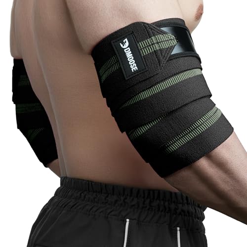 DMoose Fitness Elbow Wraps for Weightlifting (Pair) - 40'' Adjustable Elbow Strap for Gym Workout, Bench Press & Powerlifting - Compression Wraps for Tendonitis & Joint Support (Green Stripes)