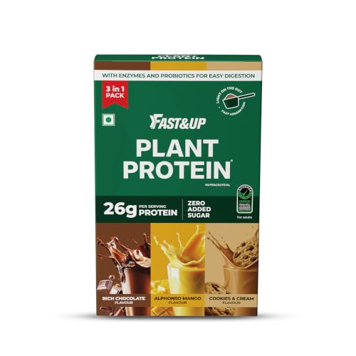 Image of Fast&Up Plant Protein Assorted Pack of 3 Servings | 26gm Protein Per Serve, Complete Amino Acids with 4.6g BCAA, Smooth & Tasty with No Added Sugar, Easy to Digest