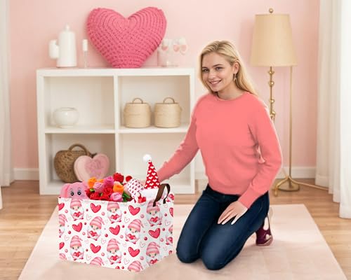 Image of Large Valentine's Day Basket Heart Shaped Storage Bin for Gifts Collapsible Organizer Room Decor (Pink Gnome Love)