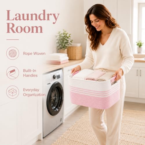 Image of 19.2GAL Sturdy Large Laundry Basket with Handles for Dirty Clothes, Portable Aesthetic Boho Cute Woven Storage Blanket Baskets for Living Room Decor and throws pillows Kids Toys Bath Towle White Pink