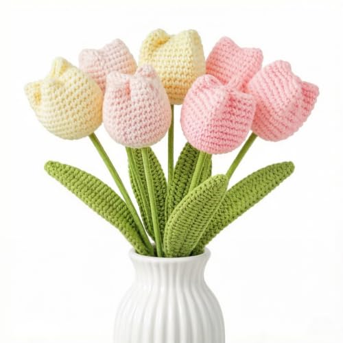 Artificial Crochet Flowers Bouquet Handmade Knitted Flowers Completed Crocheted Tulips Flowers Gift for Mothers Day Birthday Wedding Home Decor(Pink Yellow 6 Pcs)