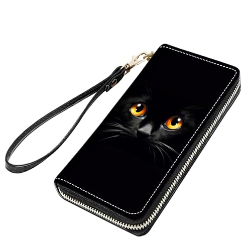 Cute Black Cat Face Print Women Large Capacity PU Leather Zip Around Wallet, Multifunctional Clutch Purse for Cash/Card/Coin/Smart Phone
