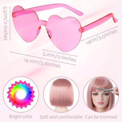 Image of MEEZY Cute Pink Short Bob Wigs Straight Hair with Flat Bangs Heart Sunglasses for Women, Colorful Funny Cosplay Party Neon Wig Synthetic Natural As Real Carnival Halloween Costume