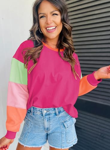 miduo Womens Long Sleeve Tops Color Block Stitching Casual Loose Fit Crew Neck Shirts Blouses2