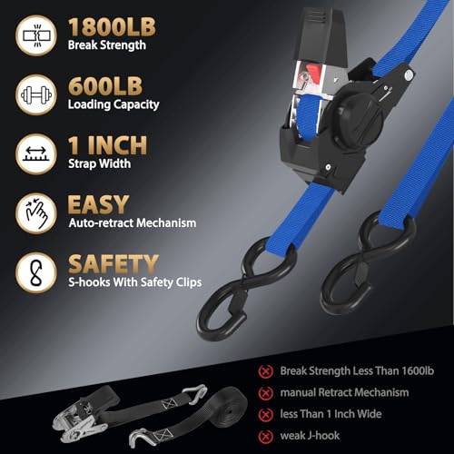 Image of 10FT Retractable Ratchet Straps(2-Pack) - 1 Inch (1800 LB Break Strength) Heavy Duty Self Retracting Ratchet Straps with Soft Loops & Storage Bag for Household, Motorcycle, Truck, ATV(Blue)