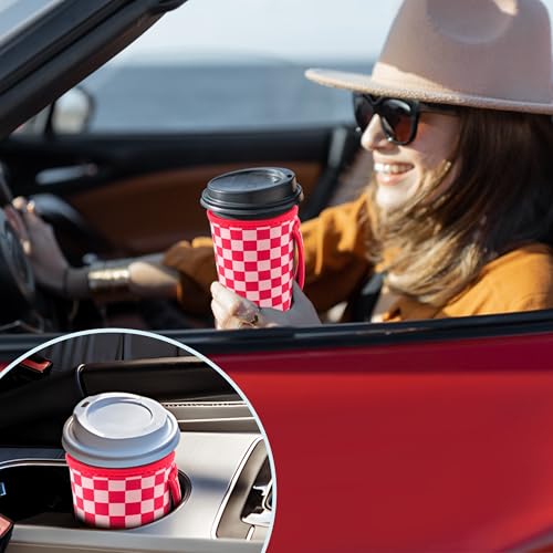 Image of KJQJLY 3 Pack Reusable Iced Coffee Sleeves for Iced Coffee Cups or Drinks Reusable Neoprene Insulated Sleeves for Hot and Cold Drinks from Starbucks, Dunkin, And More (Pink Grid)