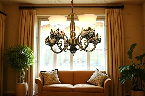 Image of Prop It Up Vintage 5-Light Chandelier with Frosted Glass Shades, Antique Brass Crown Design Chandelier for Hall, Chain Mount, Without Bulb