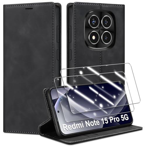 Guisessy Handyhülle für Xiaomi Redmi Note 15 Pro 5G Hülle & 2 Schutzfolie, Premium Leder Klappbar Flip Wallet, [Magnet] [Kartenfach] [Standfunktion] Schutzhülle für Redmi Note 15 Pro 5G, Schwarz