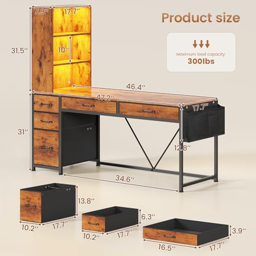 Image of SEDETA Computer Desk with 5 Drawers and Bookshelf, Reversible Home Office Desk with Storage Shelves and File Drawer, Gaming Corner Desk with LED Lights for Small Spaces, Rustic Brown