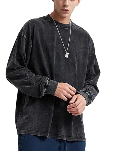 Image of Acid Wash T-Shirt for Men & Women - Oversized, Full Sleeve, Solid Colors (Black, Grey, Blue,) Trendy Casual Wear & Anime Styles