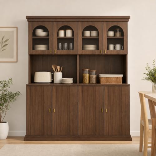 Image of ivaniti 71 inch Farmhouse Kitchen Pantry Cabinet Set of 2 with Arched Glass Doors, Dark Brown Freestanding Coffee Bar Hutch with Microwave Stand and Adjustable Shelves for Kitchen