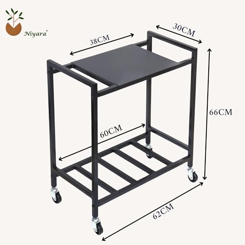 Image of Niyara Heavy-Duty Metal Inverter Trolley Stand with Wheels - Black, Portable & Durable | Multi-Purpose Battery Stand with Upper Tray & Lower Rack