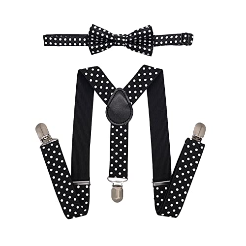 Suntrade Child Kids Clip-On Dot Suspenders Elastic Y-Shape Adjustable With Clips And Bow Tie Set For Boys And Girls (Black-White) #TOP25