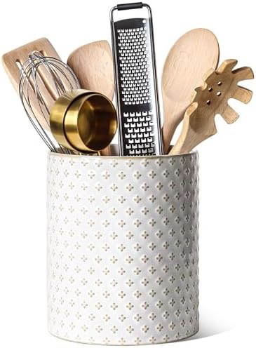 Set Of 2 Engraved Ceramic Utensil Holders - Large 7.3" & Small 5.4", White Kitchen Counter Organizer