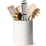 LE TAUCI Utensil Holder, 7.1' Ceramic Kitchen Utensil Holder for Counter top, Embossed Cooking Utensil Organizer for Spatula & Spoon, Kitchen Decor, Set of 1, Arctic White, Clover