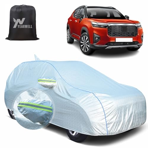 Image of Car Body Cover for Honda Elevate, 100% Waterproof, Heat-Resistant with Mirror & Antenna Pockets, Soft Cotton Lining, Triple Stitched, Piping & Reflector (Reflective Silver)