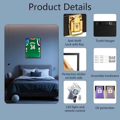 Image of IHEIPYE LED Jersey Frame Display Case - Shadow Box with LED Light - Black Lock, UV Resistant Acrylic Wall Mount Display Case for Football, Baseball, Basketball Jersey with Light