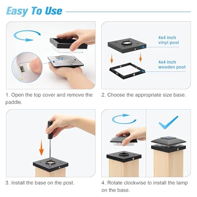 VOLISUN 4x4 Solar Post Cap Light 12pack,Solar Fence - Cap Lights Outdoor Waterproof for Wooden/Vinyl Post,Black Deck Post Cap Light Solar Powered with Warm White for Garden/Patio/Porch