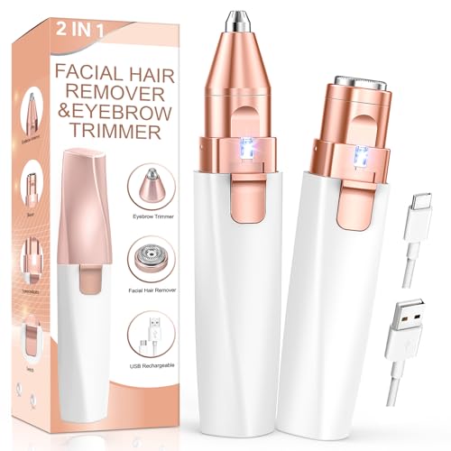 Eyebrow & Facial Hair Removal for Women: 2 in 1 Rechargeable Eyebrow Trimmer & Face Shaver, Painless Electric Facial Eye brow Razors Epilator with Built-in LED Light -Perfect for Face, Lips & Body