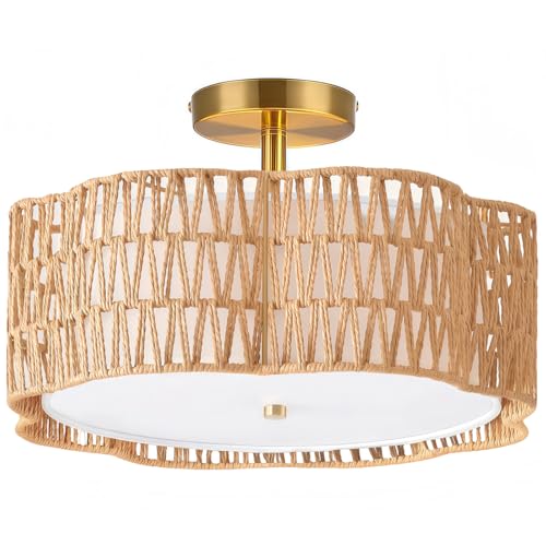 Plafonnier encastré en rotin 34cm lustre bohème en tissu tambour 3 lumières