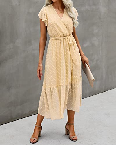 Image of BTFBM Women Summer Bohemian Floral Casual Wrap V Neck Ruffle Cap Sleeveless Belt A-Line Pleated Hem Midi Sun Dress White