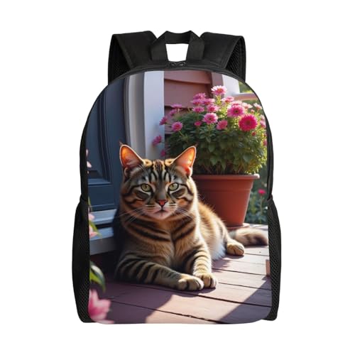 Comfort Fit Unisex Tabby Cat On Porch with Flowers Backpack Durable for Daily Commute Travel Adventures 16 Inch