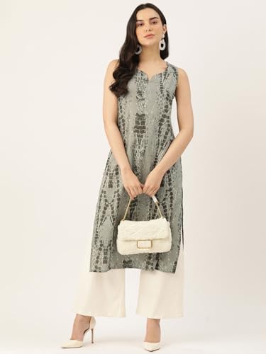 Image of feranoid Women's Pure Cotton Floral Print Straight Kurti | Elegant Curved V-Neck | Sleeveless Calf-Length Ethnic Wear | Comfortable Regular Fit | Sizes XS-XXL