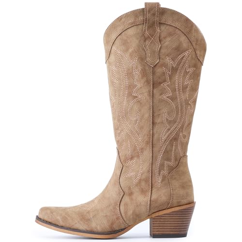 IUV Cowboy Boots For Women Western Cowgirl Boots with Chunky Heel Mid Calf Snip Toe Ideal for low insteps - Image 4