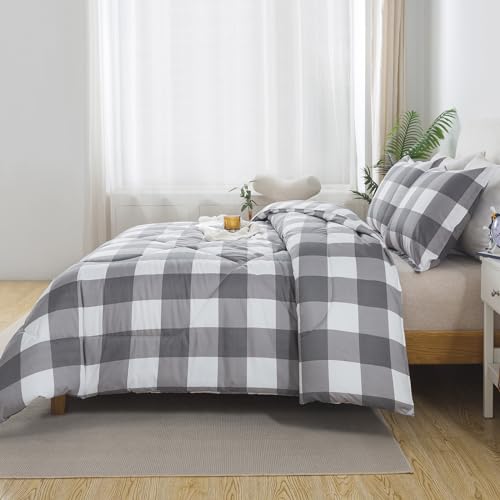Image of Caressma Plaid Comforter Set Queen, White Gray Checkered Bedding Set | Classic Buffalo Grid Pattern Soft Microfiber Boys 3 Pieces Comforter Bed Set with Pillowshmas for All Seasons