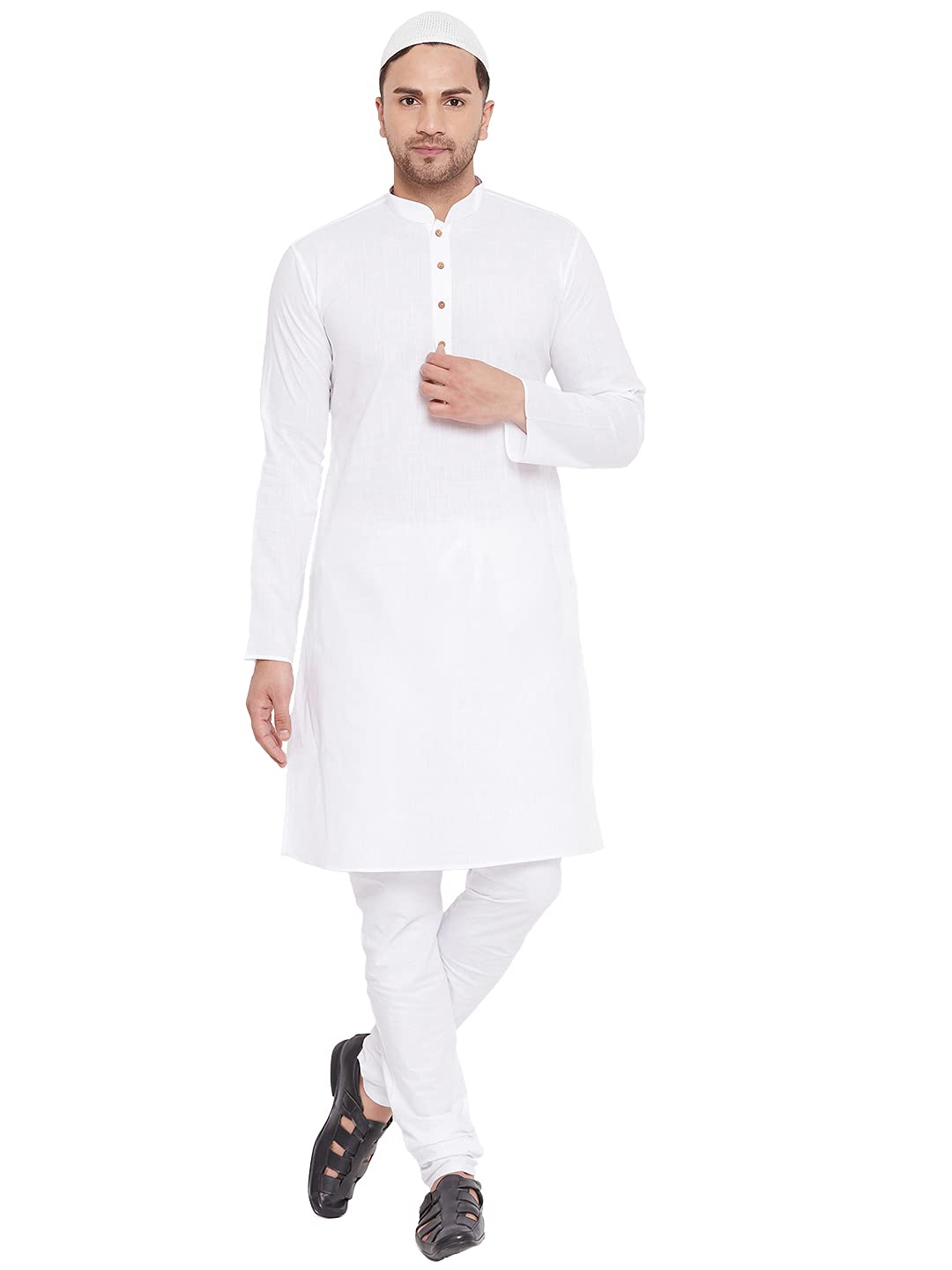 Men's White Cotton Linen Blend Kurta Pyjama Set (VASMK007WHnPCWHnC_36)-image-20