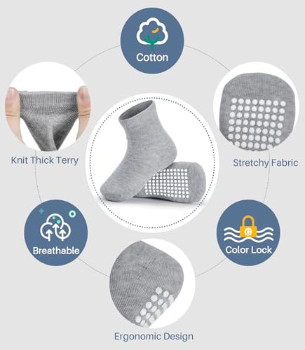 Image of JAKIDAR 12 Pack Baby Socks Cotton Crew Toddler Socks Grips Non Slip Bottom Kids Socks