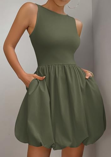 Image of PRETTYGARDEN Summer Dresses for Women 2026 Casual Mini Short Cocktail Dress Sleeveless Tank Crew Neck Bubble Sundress Pockets