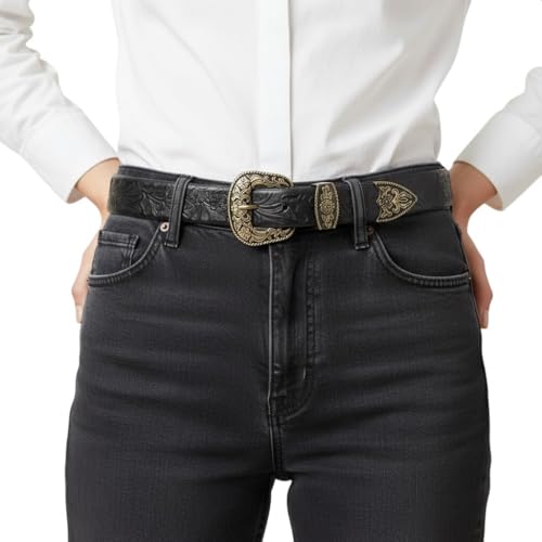 Image of Western Leather Belt for Men & Women, Floral Embossed Cowhide, Durable Rodeo Style for Jeans, Casual Wear & Country Outfits