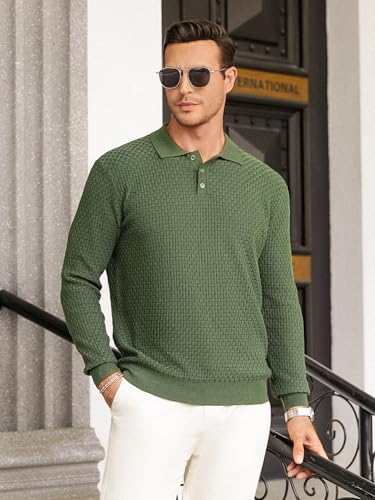 Camisetas polo tejidas de manga larga para hombre de Hardaddy, tops casuales con cuello tipo polo y textura miniatura 3