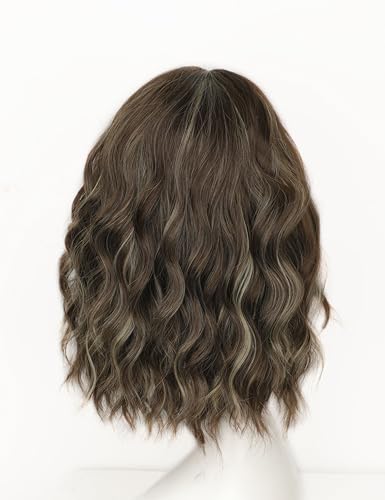 Image of AISI HAIR Curly Bob Wig with Bangs Short Wavy Warm Medium Brown with Golden Highlights. Color Wigs for Women Bob Style Synthetic Heat Resistant Bob Wigs