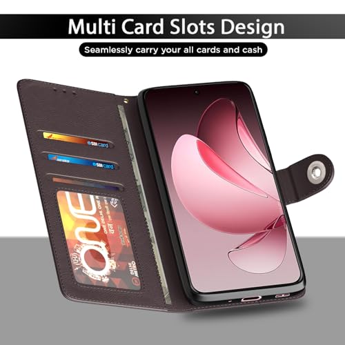 Image of Pikkme Flip Cover Leather Finish | Inside TPU with Card Pockets | Wallet Stand and Shock Proof | Complete Protection Button Flip Case for Oppo Reno 13 Pro 5G(Coffee)