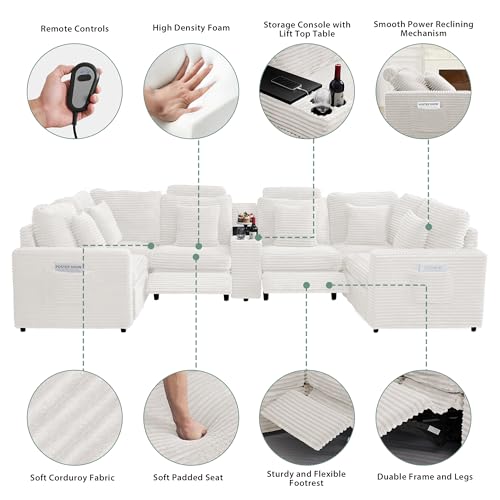 Image of RARZOE Oversized Modular Sectional Sofa with 2 Power Recliner, 6-Seater U-Shaped Corduroy Reclining Couch with Storage Console Charging Cup Holders, Sectional Reclining Couches for Living Room,White