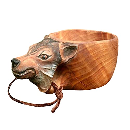 YJYQ Kuksa Madera con diseño Animales, Estilo nórdico, Hecha a Mano, Mochila Kuksa, Madera, portátil, para Viaje, café, Camping, Senderismo, respetuosa con el edio