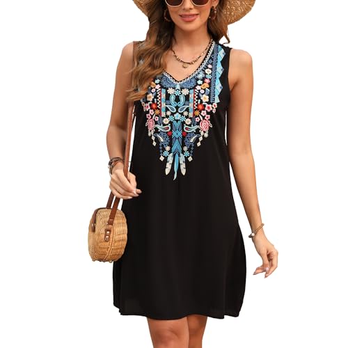 Image of Higustar Women's Mexican Embroidered Dress Traditional Fiesta Boho Style Floral Sleeveless Dresses Ladies Summer Sundresses