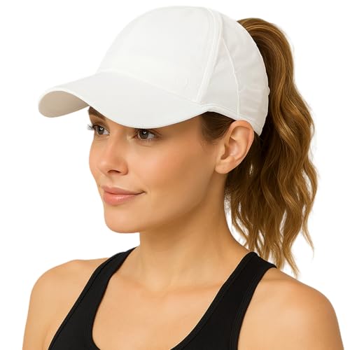 TOP-EX Womens High Ponytail Cap White SPF 50 Waterproof Cooling Summer Baseball Hat Outdoor Work Active Sport Packable Adjustable S/M