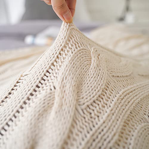 Battilo Cream Ivory Cable Knit Throw Blankets For Couch, Super Soft Warm Cozy Decorative Knitted Throw Blanket For Bed, Sofa, Chair 50"X60" #TOP6