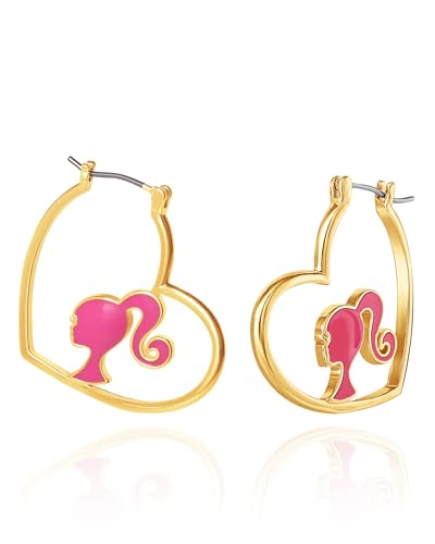 Barbie Heart Hoop Earrings, 18k Yellow Gold Flash-Plated Barbie Earrings for Women, Barbie Jewelry Official License