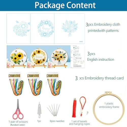 Image of Zhenqing Sunflower Embroidery Kit 3 Designs | 11.4 inchx11.4 inch Beginner-Friendly Hand Embroidery Set with Hoop & DMC Threads | DIY Home Wall Decor, Mindful Gift for Mothers Day C0005