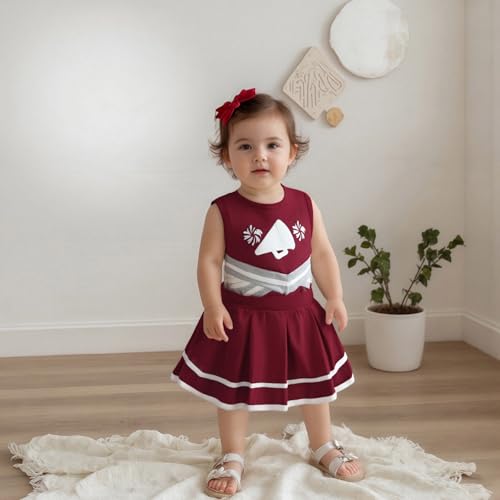 CREAIRY Toddler Baby Girl Cheerleader Outfit Shirt Tops Skirt Set Cheer Uniform Outfit Halloween Cheerleading Clothes (Wine Red, 3-4T)
