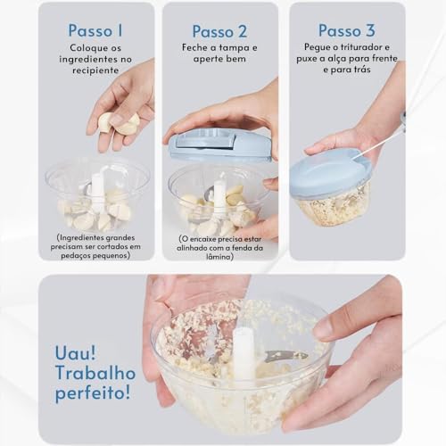 Mini Processador Manual 500ml - Triturador e Picador de Alimentos com 3 Lâminas para Alho, Legumes e
